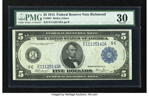image for: Fr. 861 $5 1914 Federal Reserve Note PMG Very Fine 30....