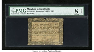 image for: Maryland December 7, 1775 $2/3 PMG Very Good 8 Net....