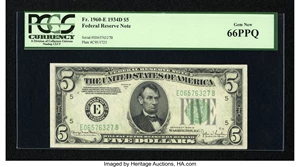 image for: Fr. 1960-E $5 1934D Federal Reserve Note. PCGS Gem New 66PPQ....