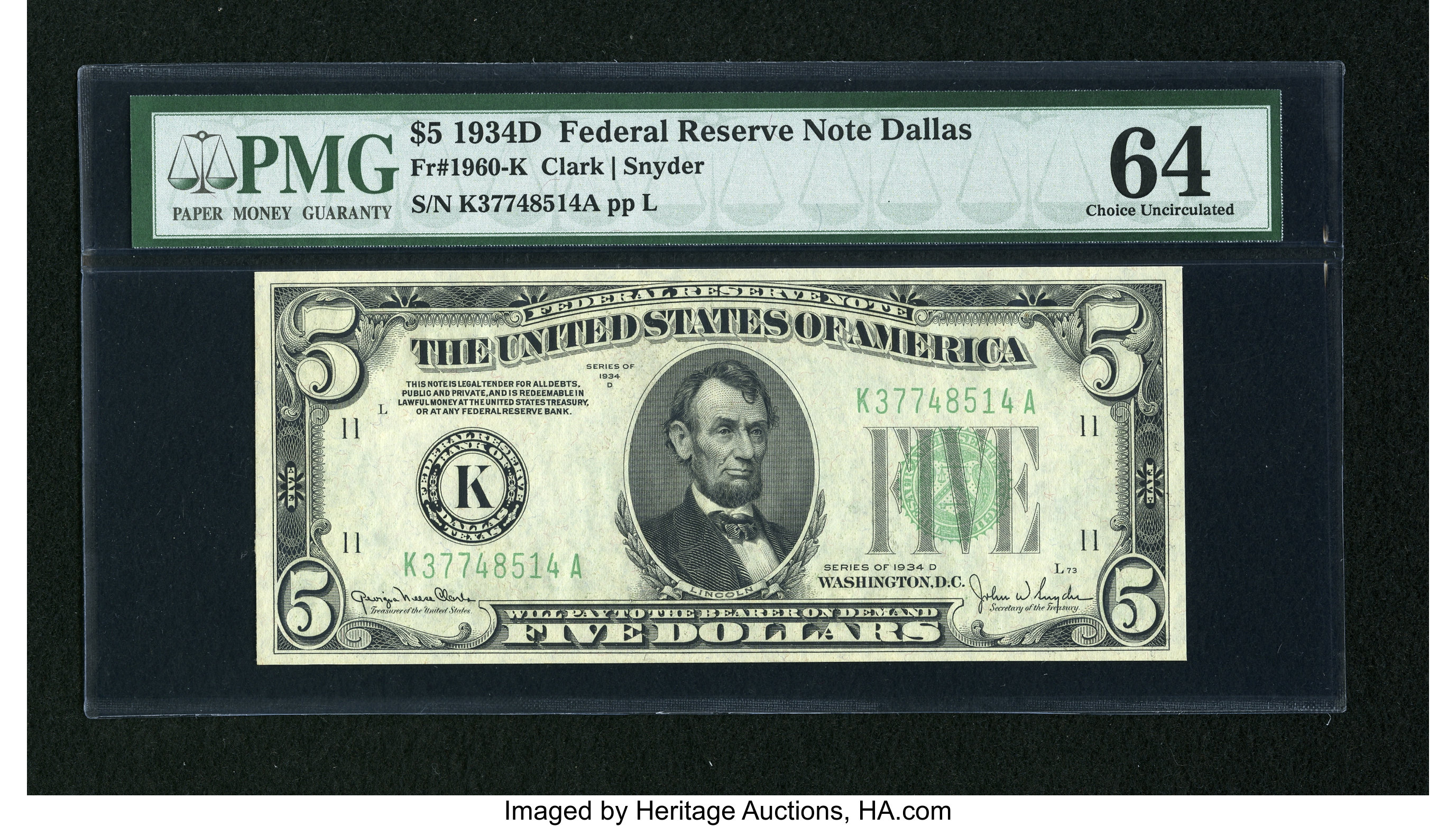 image for: Fr. 1960-K $5 1934D Federal Reserve Note. PMG Choice Uncirculated 64....
