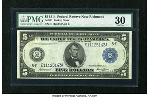 image for: Fr. 861 $5 1914 Federal Reserve Note PMG Very Fine 30....