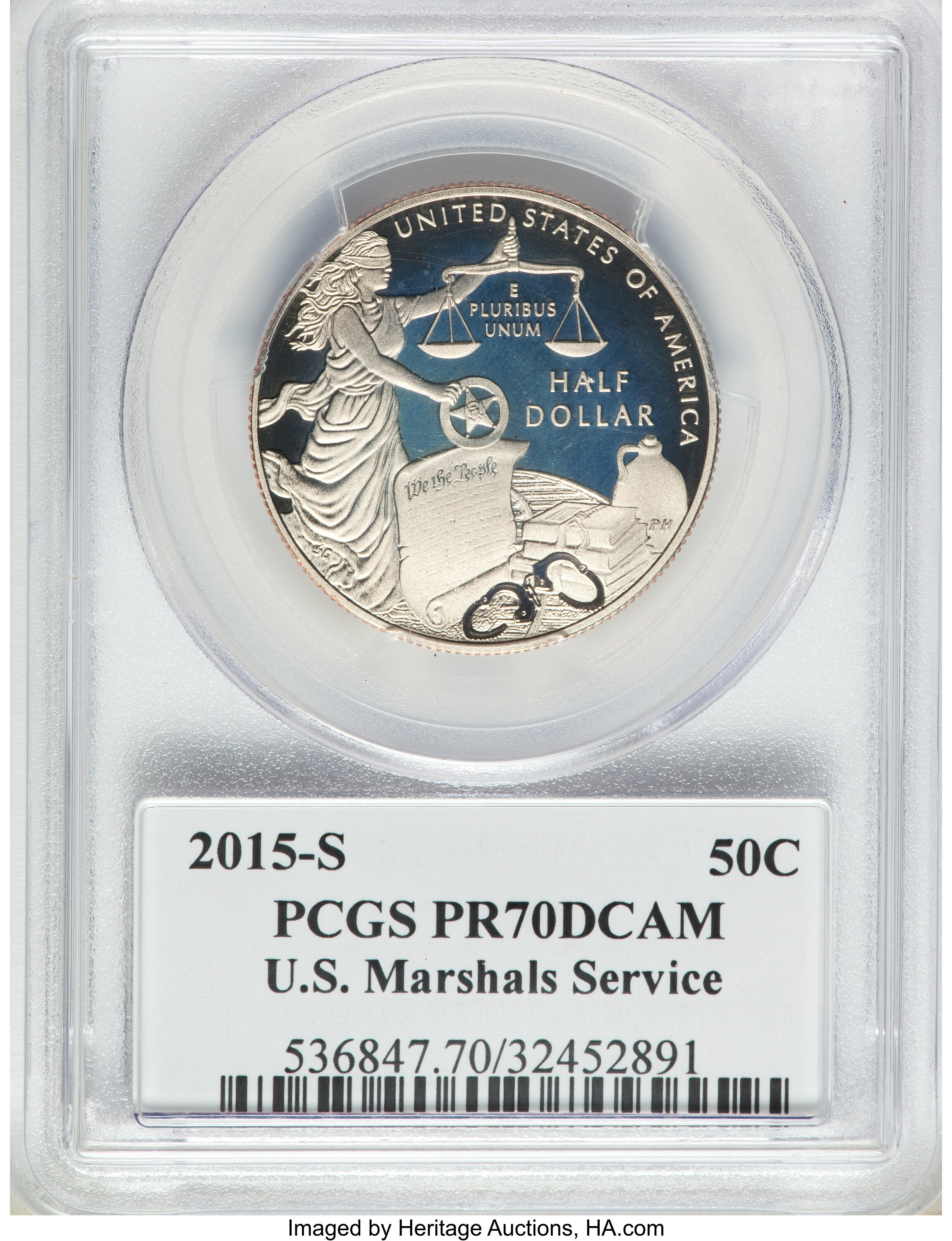 image for: 2015-S 50C U.S. Marshals Service, USMS Label PR70 Deep Cameo PCGS. PCGS Population: (25). NGC Census: (0)....