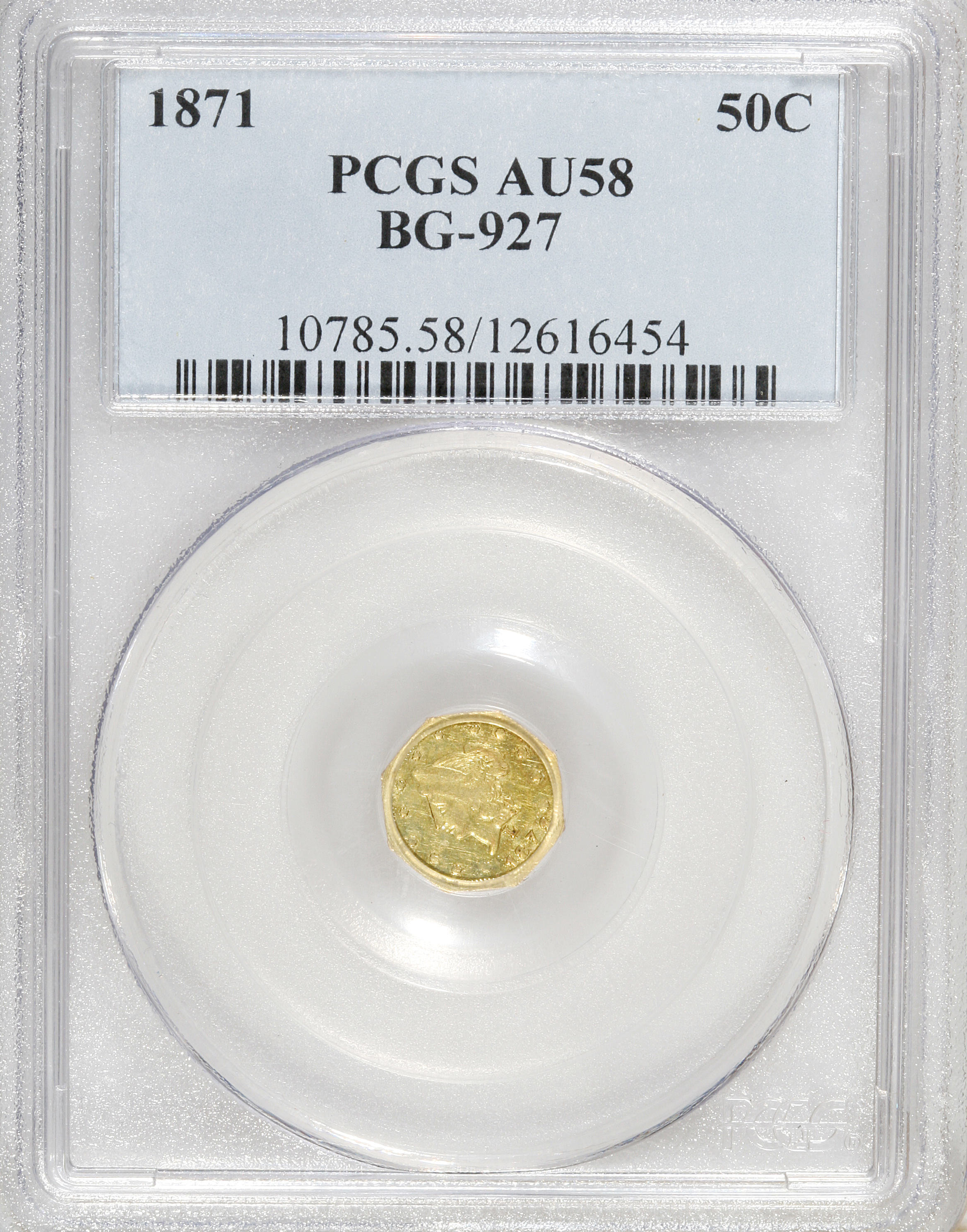 image for: 1871 50C Liberty Octagonal 50 Cents, BG-927, Low R.5, AU58 PCGS. PCGS Population (5/26). NGC Census: (1/4).   (#10785)...