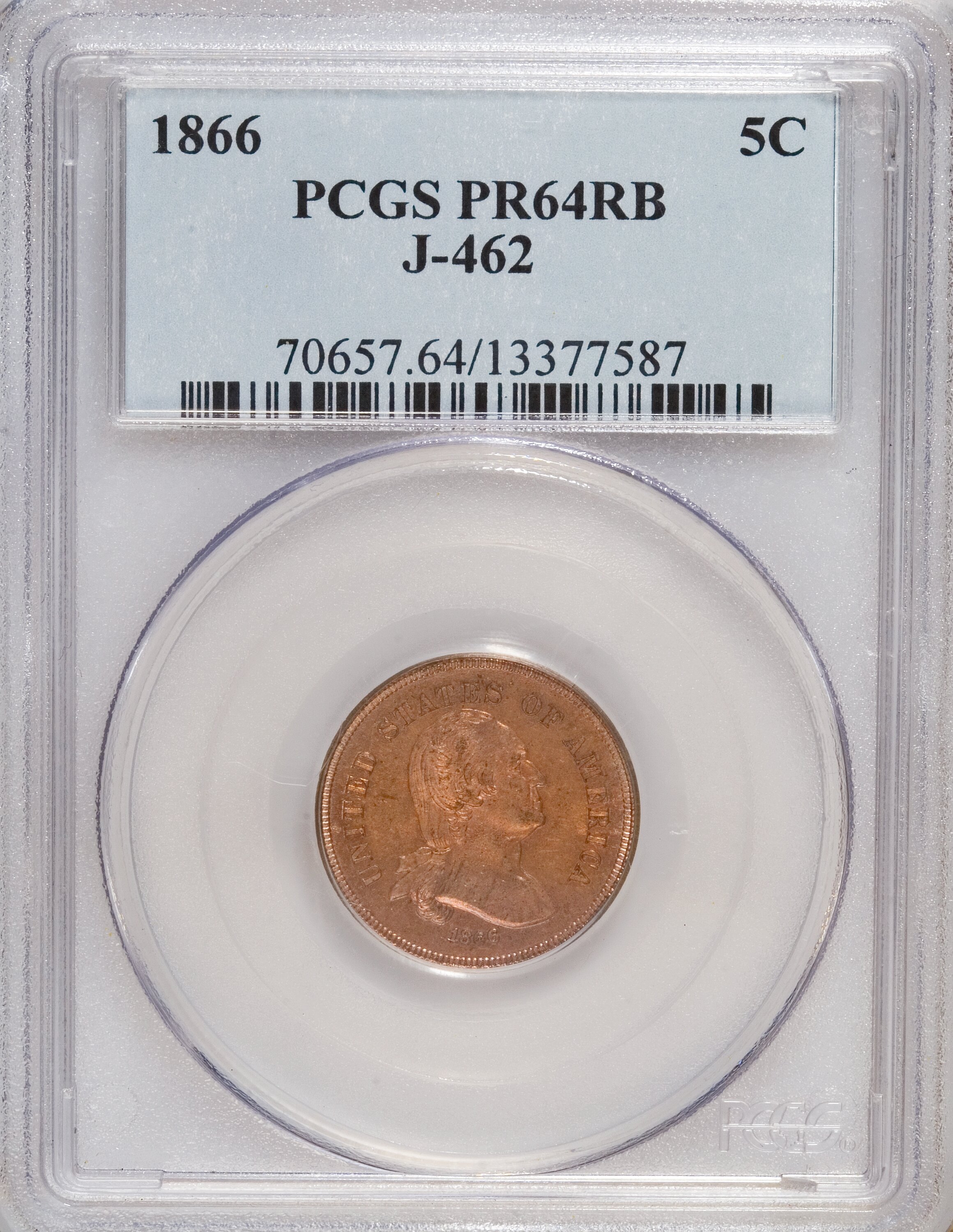 image for: 1866 5C Five Cents, Judd-462, Pollock-536, Low R.7, PR64 Red and Brown PCGS....