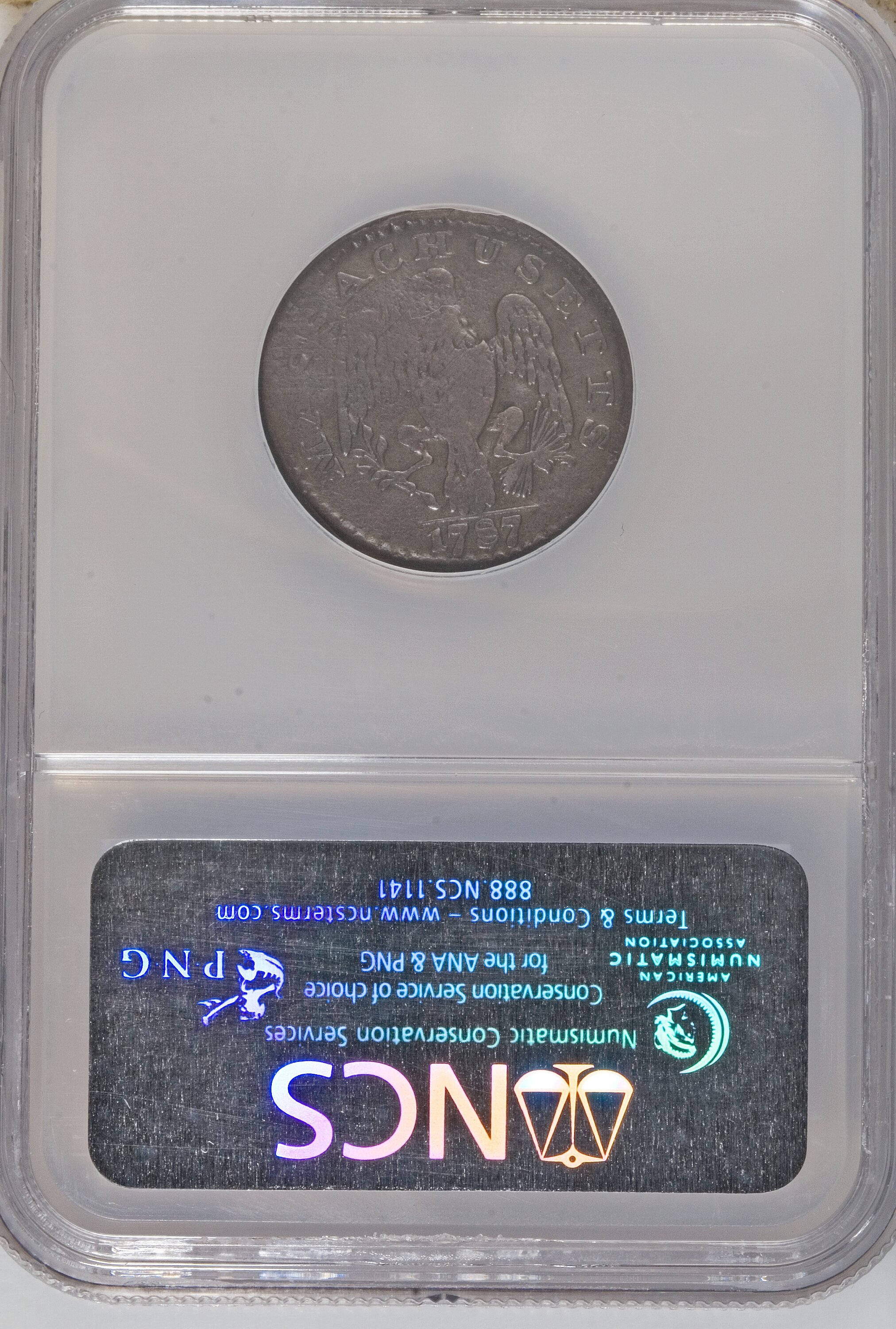 image for: 1787 1C Massachusetts Cent, Arrows in Right Talon--Damaged--NCS. Fine Details. NGC Census: (0/0). PCGS Population (1/2).   ...