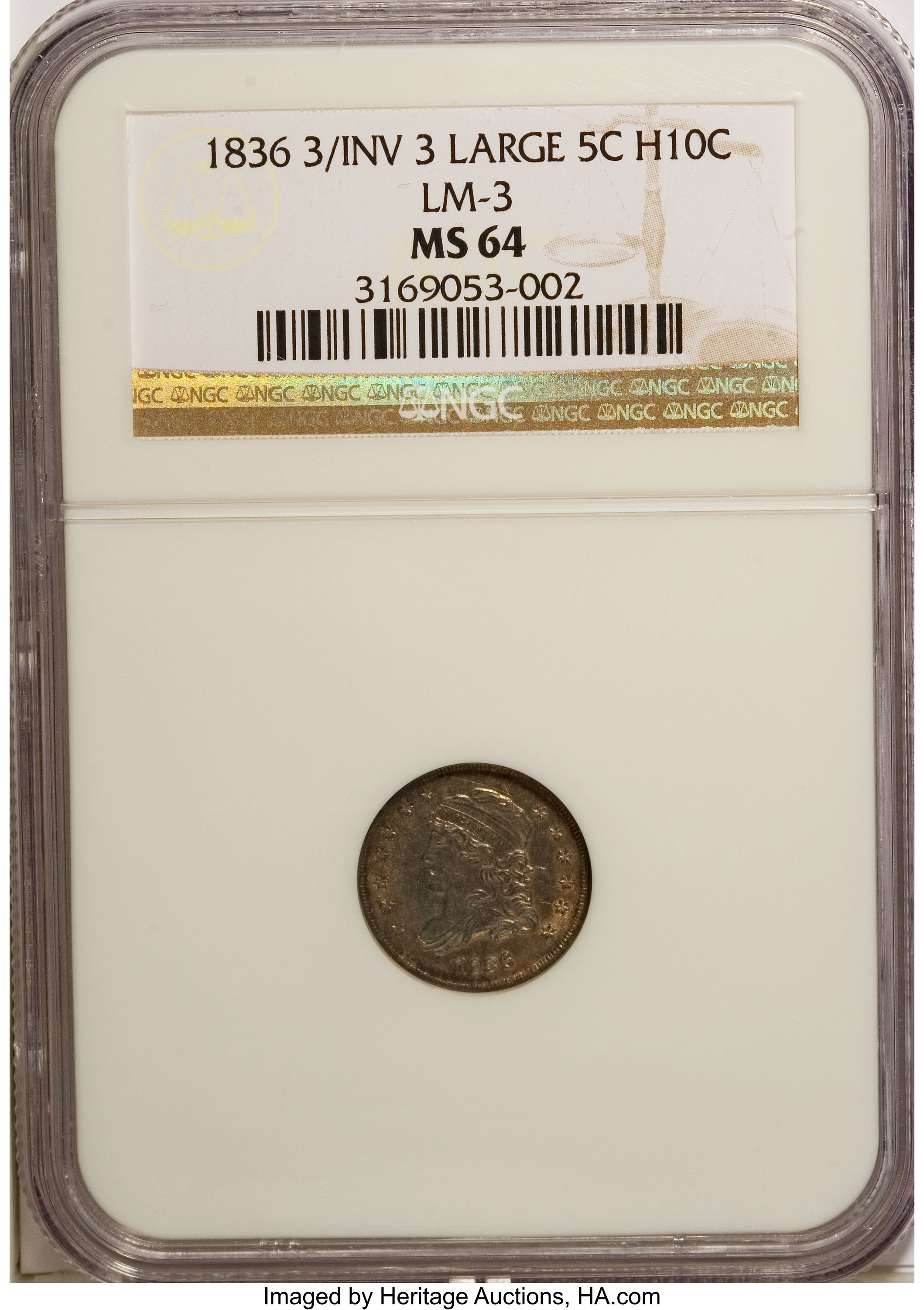 image for: 1836 H10C 3/Inverted 3 MS64 NGC....