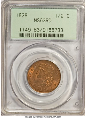 image for: 1828 1/2 C 13 Stars MS63 Red PCGS....