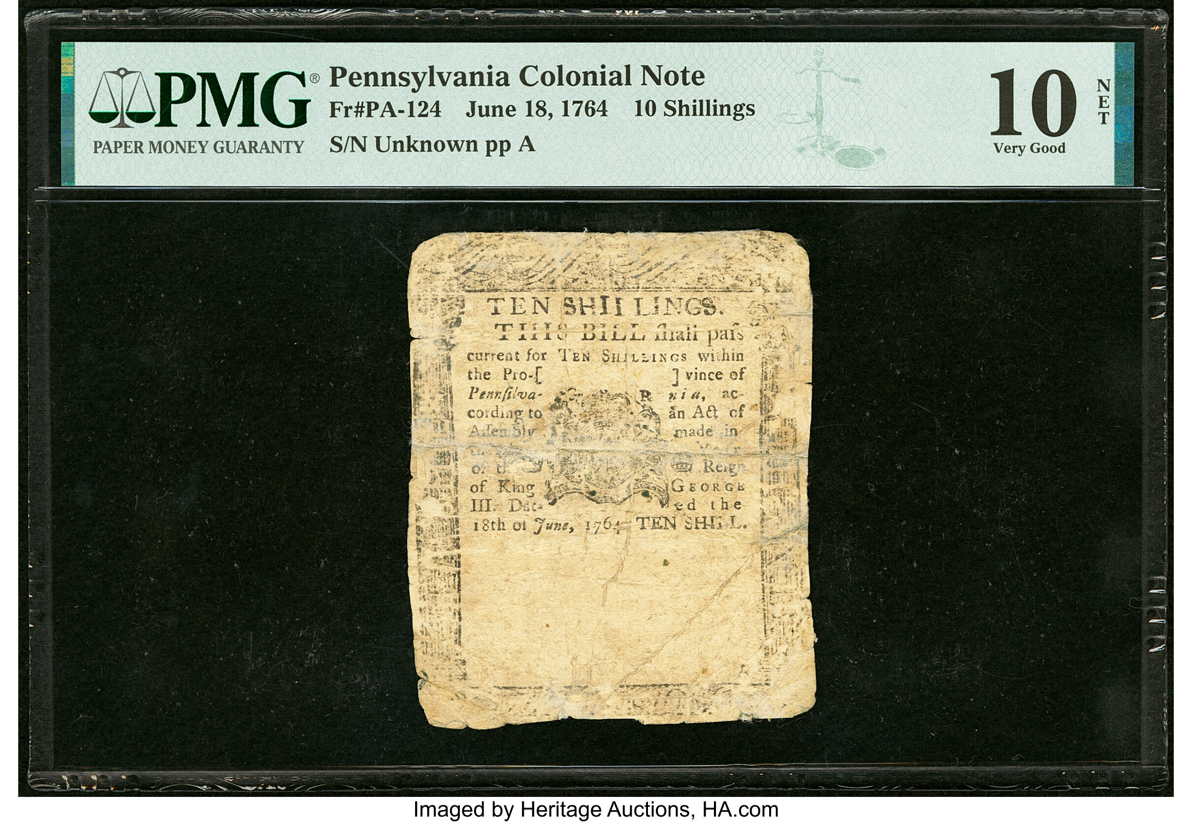image for: Pennsylvania June 18, 1764 10s PMG Very Good 10 Net....