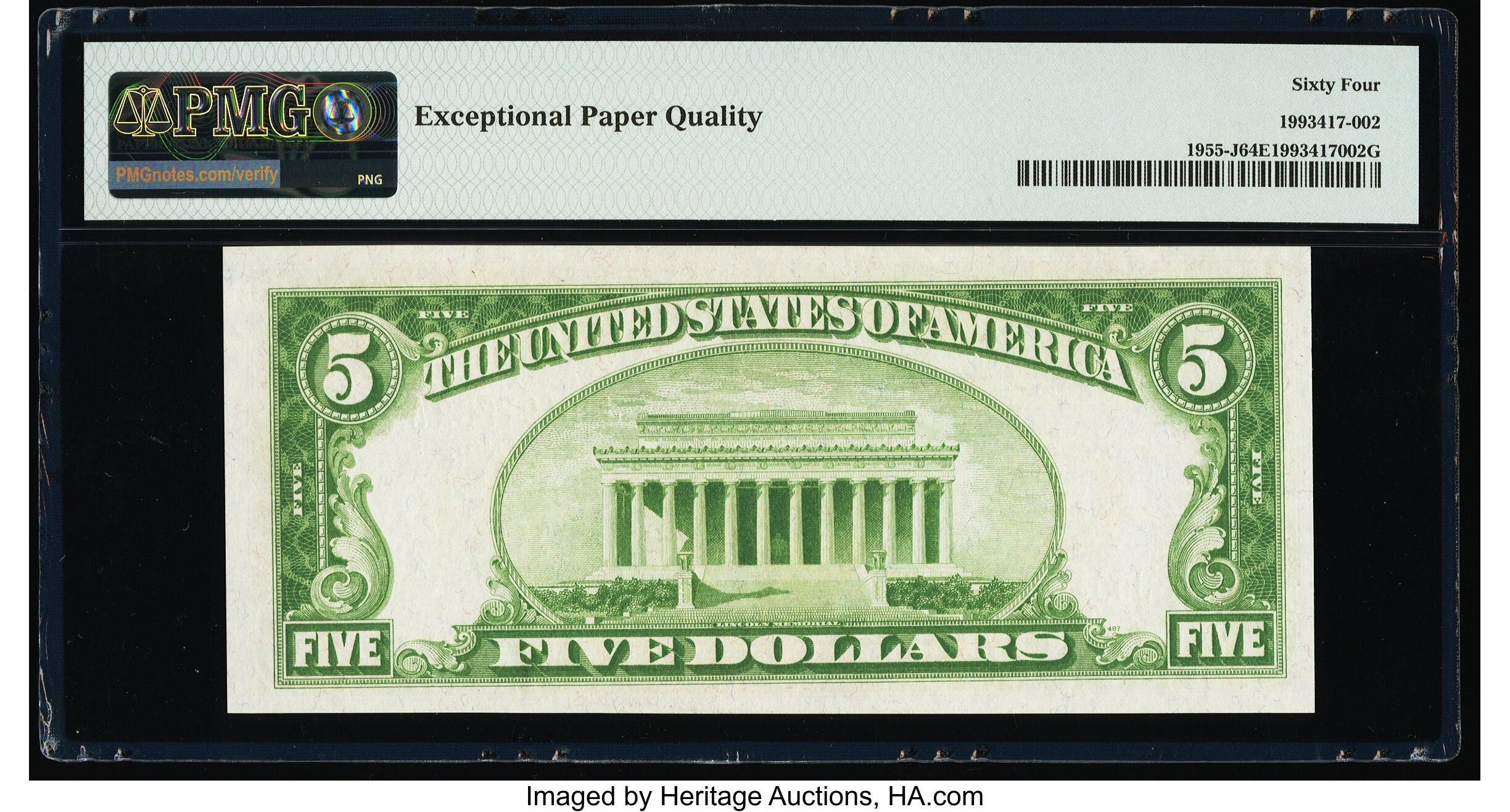 image for: Fr. 1955-J $5 1934 Light Green Seal Federal Reserve Note. PMG Choice Uncirculated 64 EPQ....