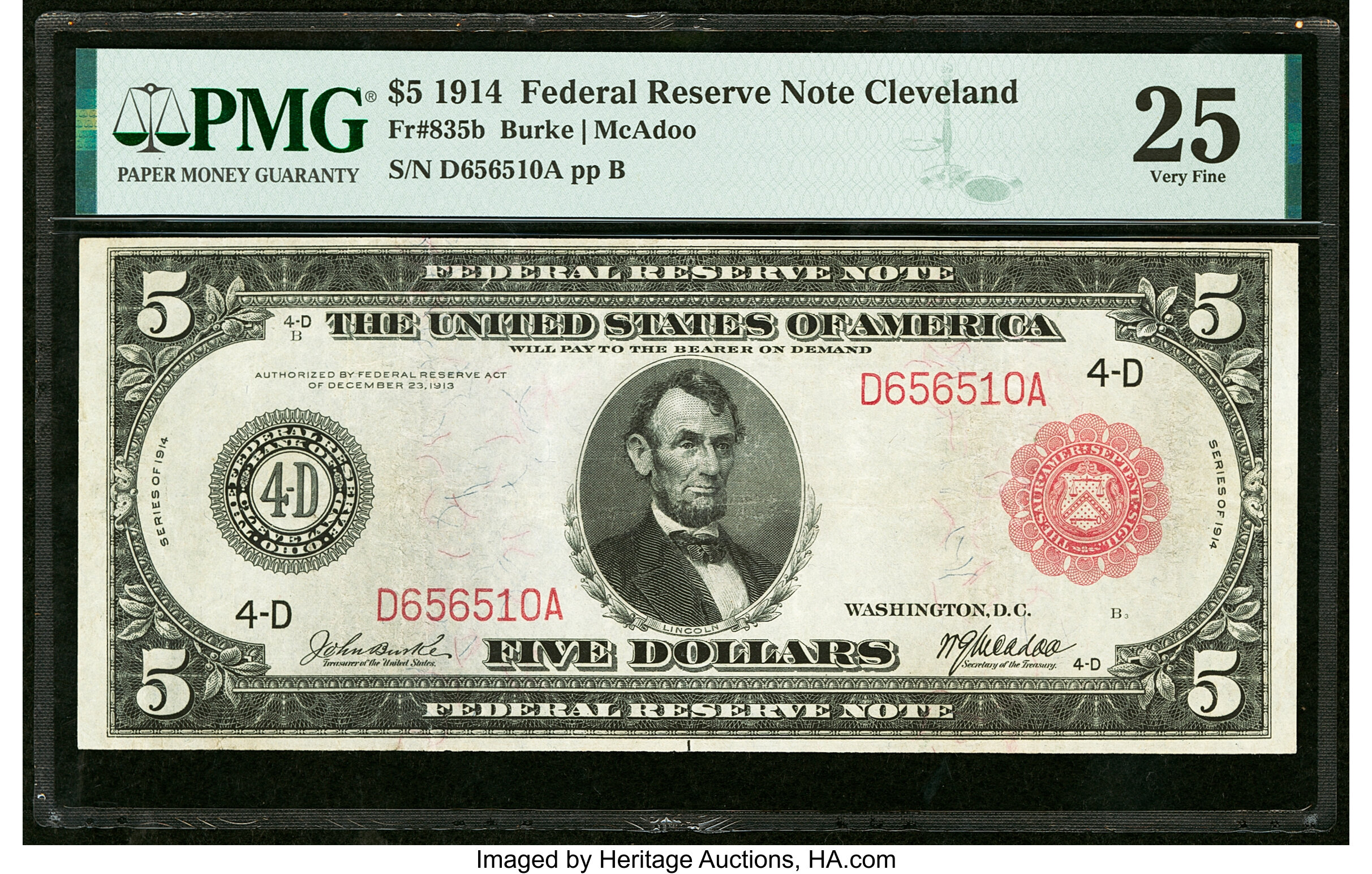 image for: Fr. 835b $5 1914 Red Seal Federal Reserve Note PMG Very Fine 25....