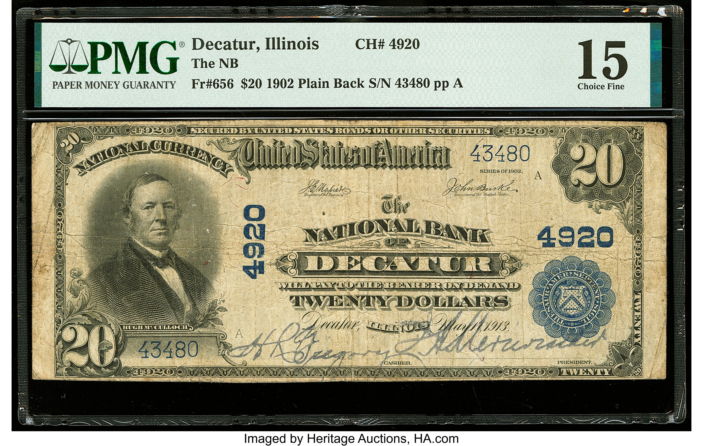 image for: Decatur, IL - $20 1902 Plain Back Fr. 656 The National Bank of Decatur Ch. # 4920 PMG Choice Fine 15....