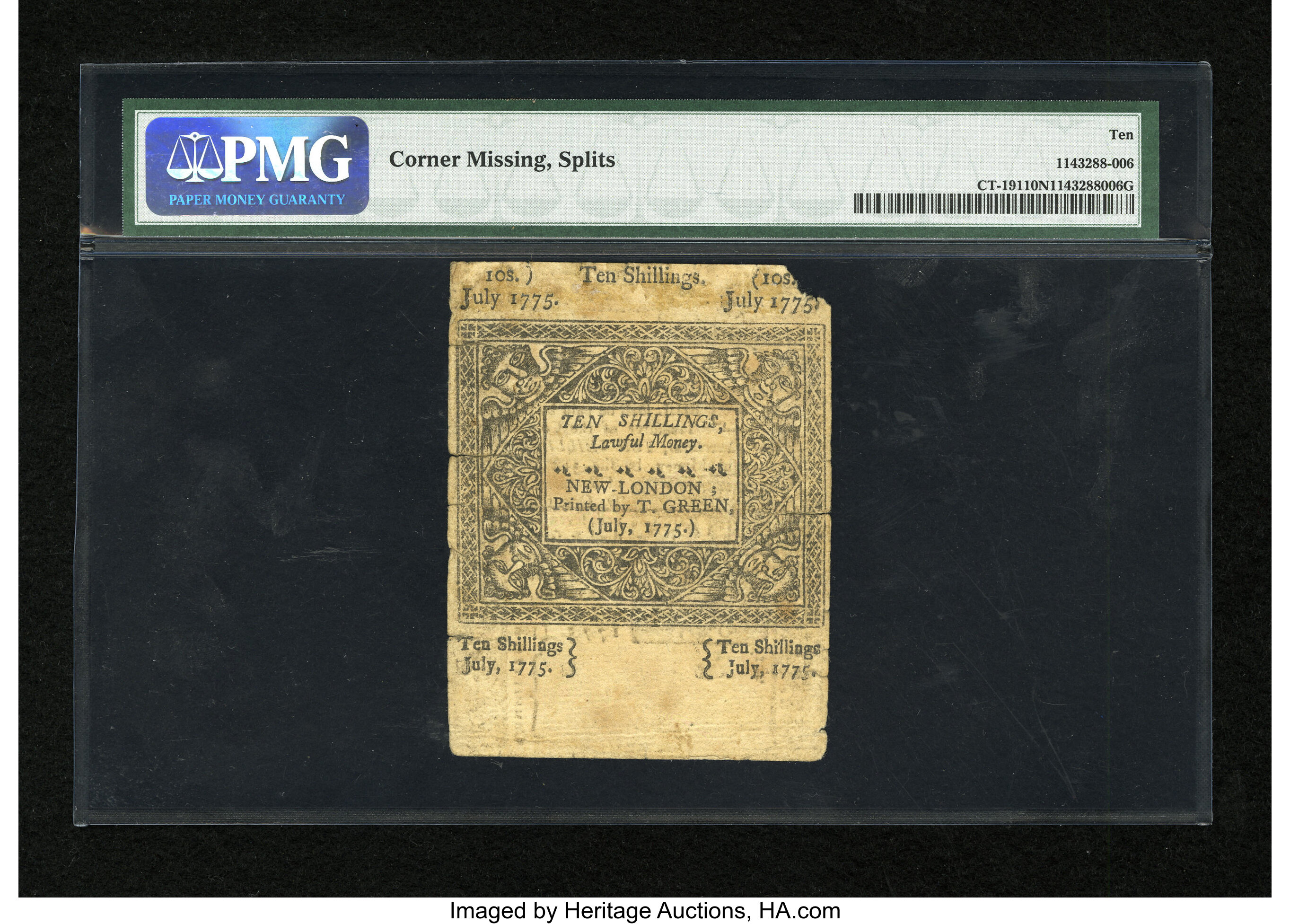 image for: Connecticut July 1, 1775 10s Uncancelled PMG Net Very Good 10....