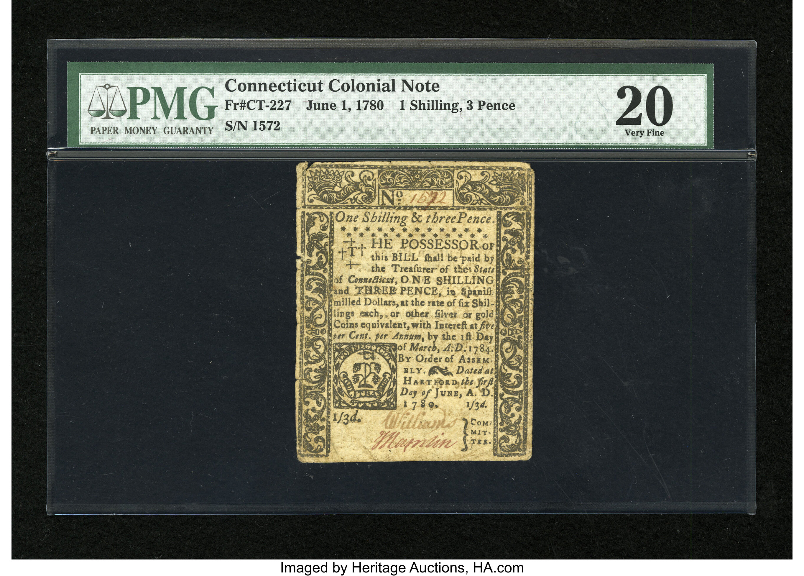 image for: Connecticut June 1, 1780 1s/3d Slash Cancel PMG Very Fine 20....
