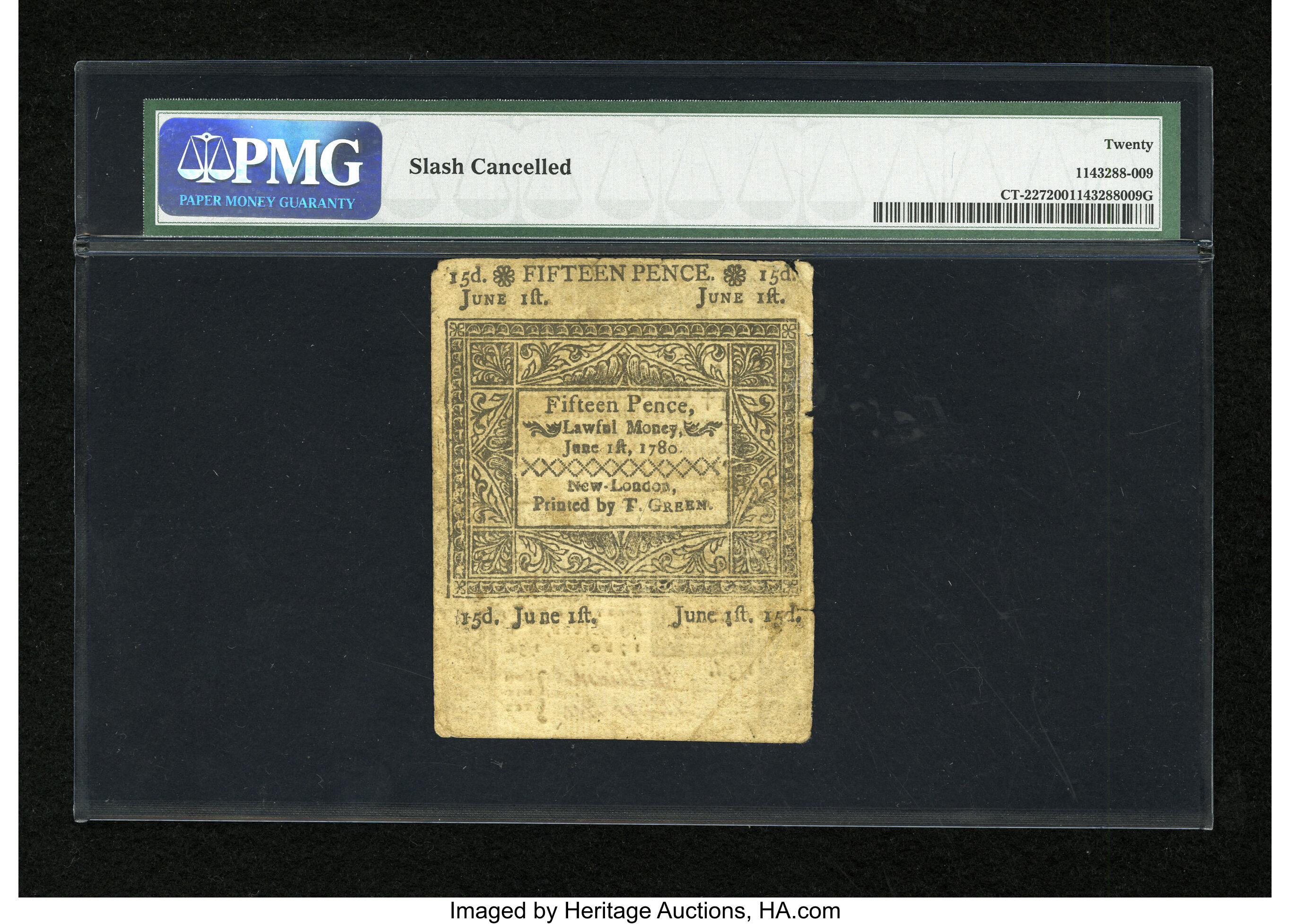 image for: Connecticut June 1, 1780 1s/3d Slash Cancel PMG Very Fine 20....