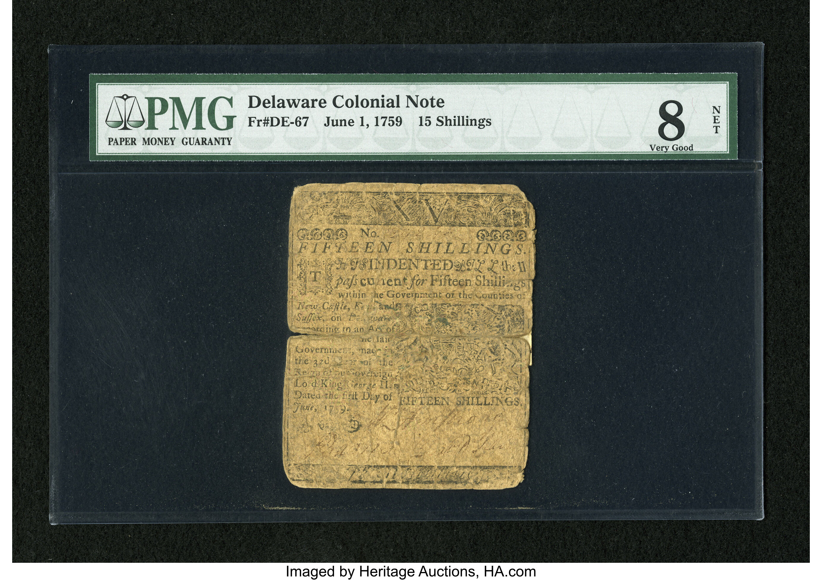 image for: Delaware June 1, 1759 15s PMG Very Good 8 Net....