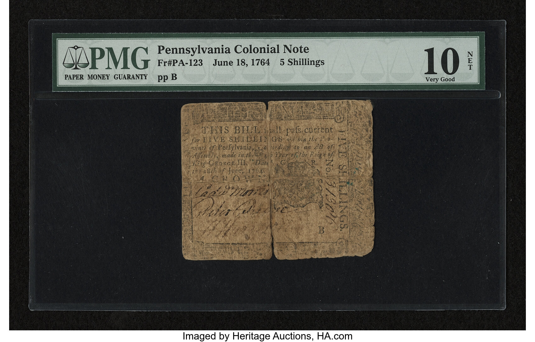 image for: Pennsylvania June 18, 1764 5s PMG Very Good 10 Net....