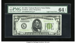 image for: Fr. 1955-K $5 1934 Light Green Seal Federal Reserve Note. PMG Choice Uncirculated 64 EPQ....