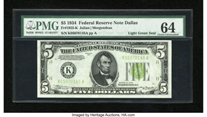 image for: Fr. 1955-K $5 1934 Light Green Seal Federal Reserve Note. PMG Choice Uncirculated 64....
