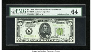 image for: Fr. 1955-K $5 1934 Light Green Seal Federal Reserve Note. PMG Choice Uncirculated 64....