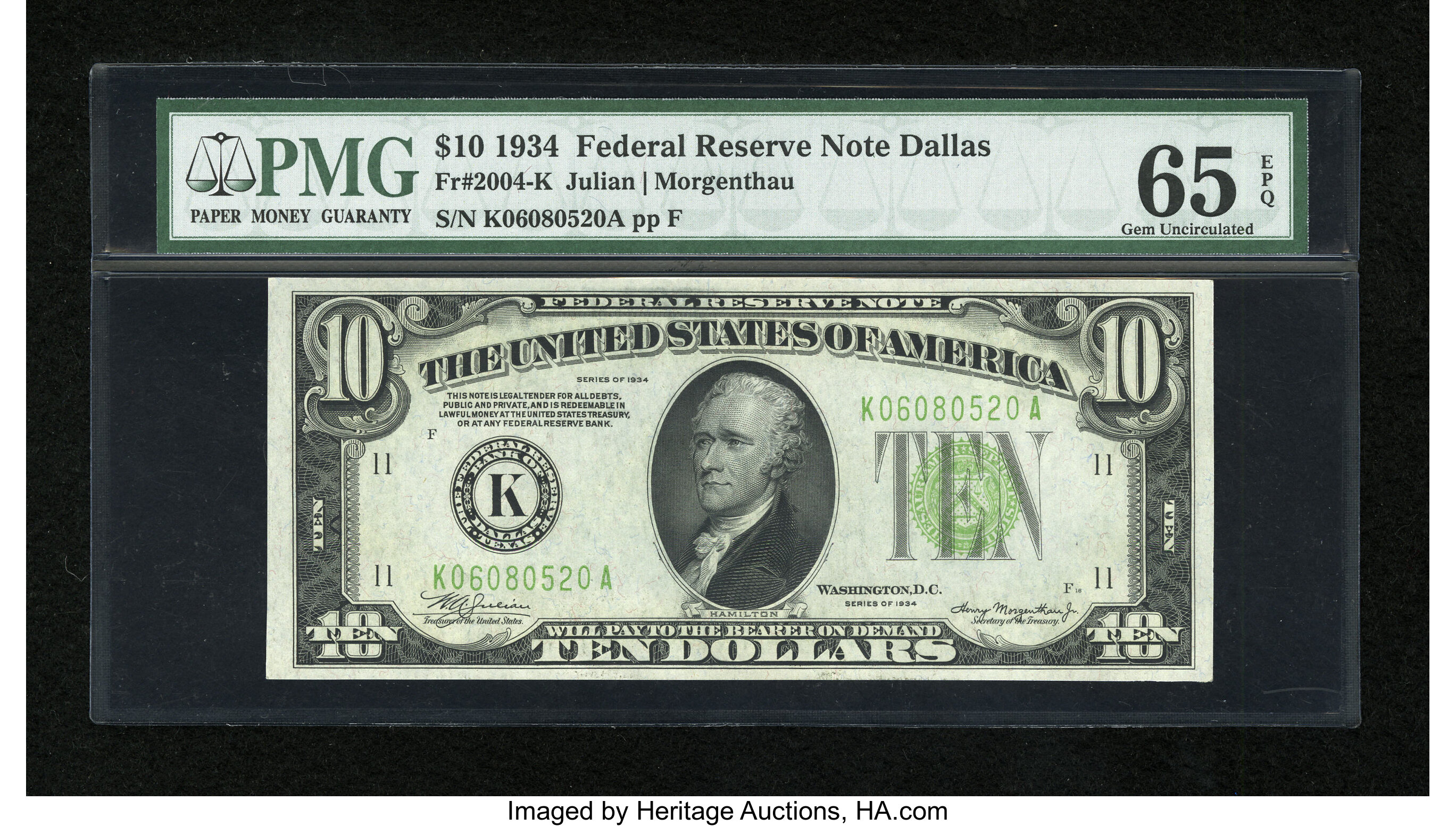 image for: Fr. 2004-K $10 1934 Dark Green Seal Federal Reserve Note. PMG Gem Uncirculated 65 EPQ....