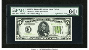 image for: Fr. 1955-K $5 1934 Light Green Seal Federal Reserve Note. PMG Choice Uncirculated 64 EPQ....
