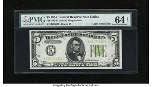 image for: Fr. 1955-K $5 1934 Light Green Seal Federal Reserve Note. PMG Choice Uncirculated 64 EPQ....