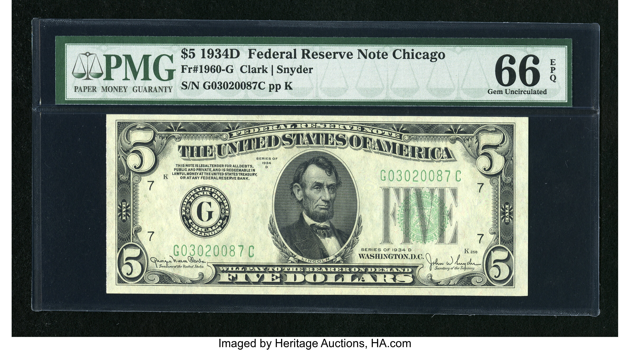 image for: Fr. 1960-G $5 1934D Federal Reserve Note. PMG Gem Uncirculated 66 EPQ....
