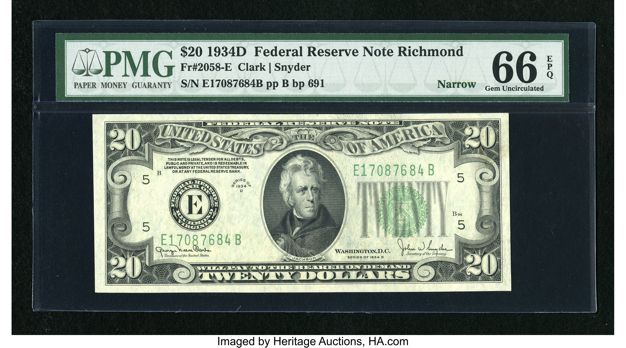 image for: Fr. 2058-E $20 1934D Narrow Federal Reserve Note. PMG Gem Uncirculated 66 EPQ....
