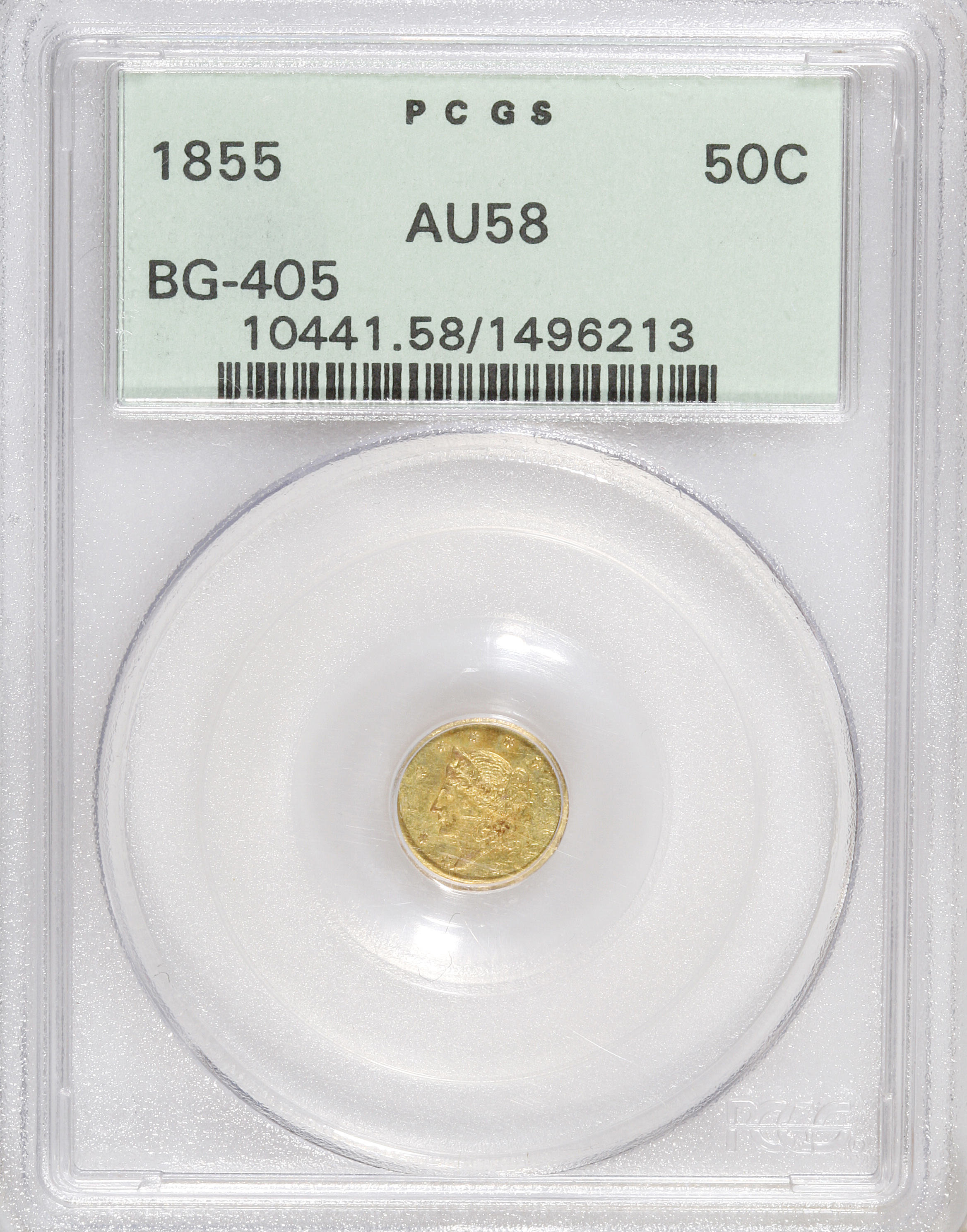 image for: 1855 50C Liberty Round 50 Cents, BG-405, R.5, AU58 PCGS. PCGS Population (10/14). NGC Census: (0/4).   (#10441)...