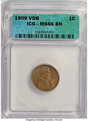 image for: 1909 VDB 1C MS66 Brown ICG. NGC Census: (0/0). PCGS Population (6/0). Mintage: 27,995,000. Numismedia Wsl. Price for NGC/PC...