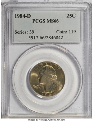image for: 1984-D 25C MS66 PCGS. PCGS Population (72/7). NGC Census: (5/1). Mintage: 546,483,072. Numismedia Wsl. Price for NGC/PCGS c...