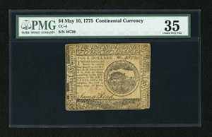 image for: Continental Currency May 10, 1775 $4 PMG Choice Very Fine 35....