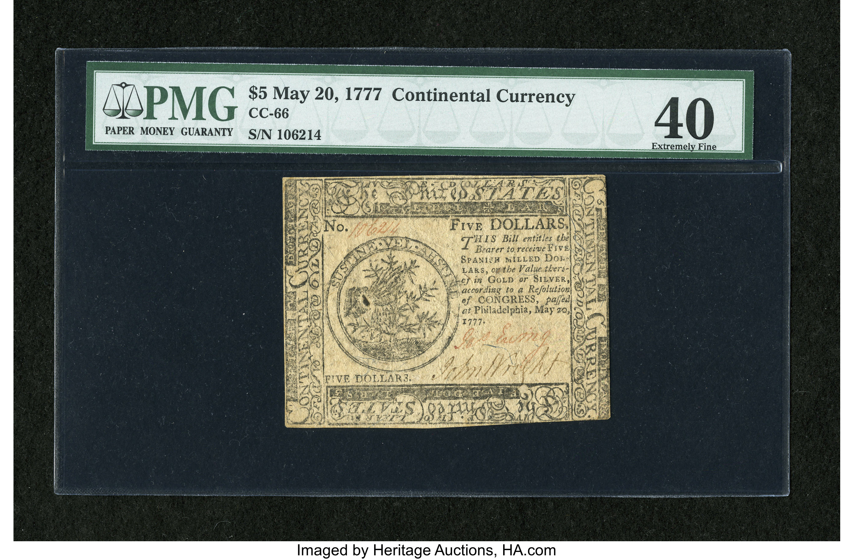 image for: Continental Currency May 20, 1777 $5 PMG Extremely Fine 40....