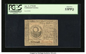 image for: Continental Currency April 11, 1778 $30 PCGS About New 53PPQ....