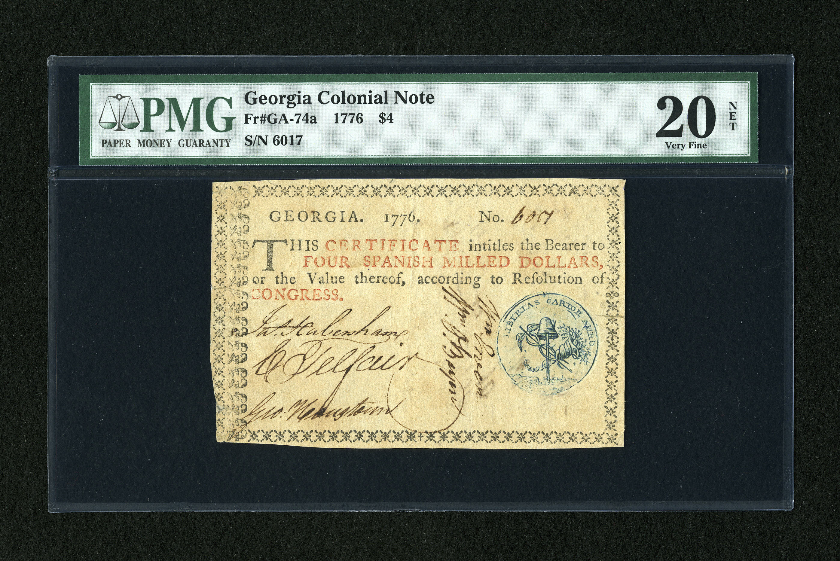 image for: Georgia 1776 $4 PMG Very Fine 20 Net....