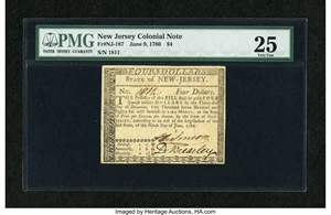 image for: New Jersey June 9, 1780 $4 PMG Very Fine 25....