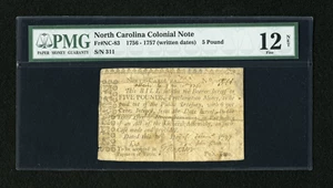 image for: North Carolina 1756 - 1757 (written dates) £5 PMG Fine 12 Net....