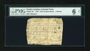 image for: North Carolina 1756 - 1757 (written dates) £5 PMG Good 6 Net....