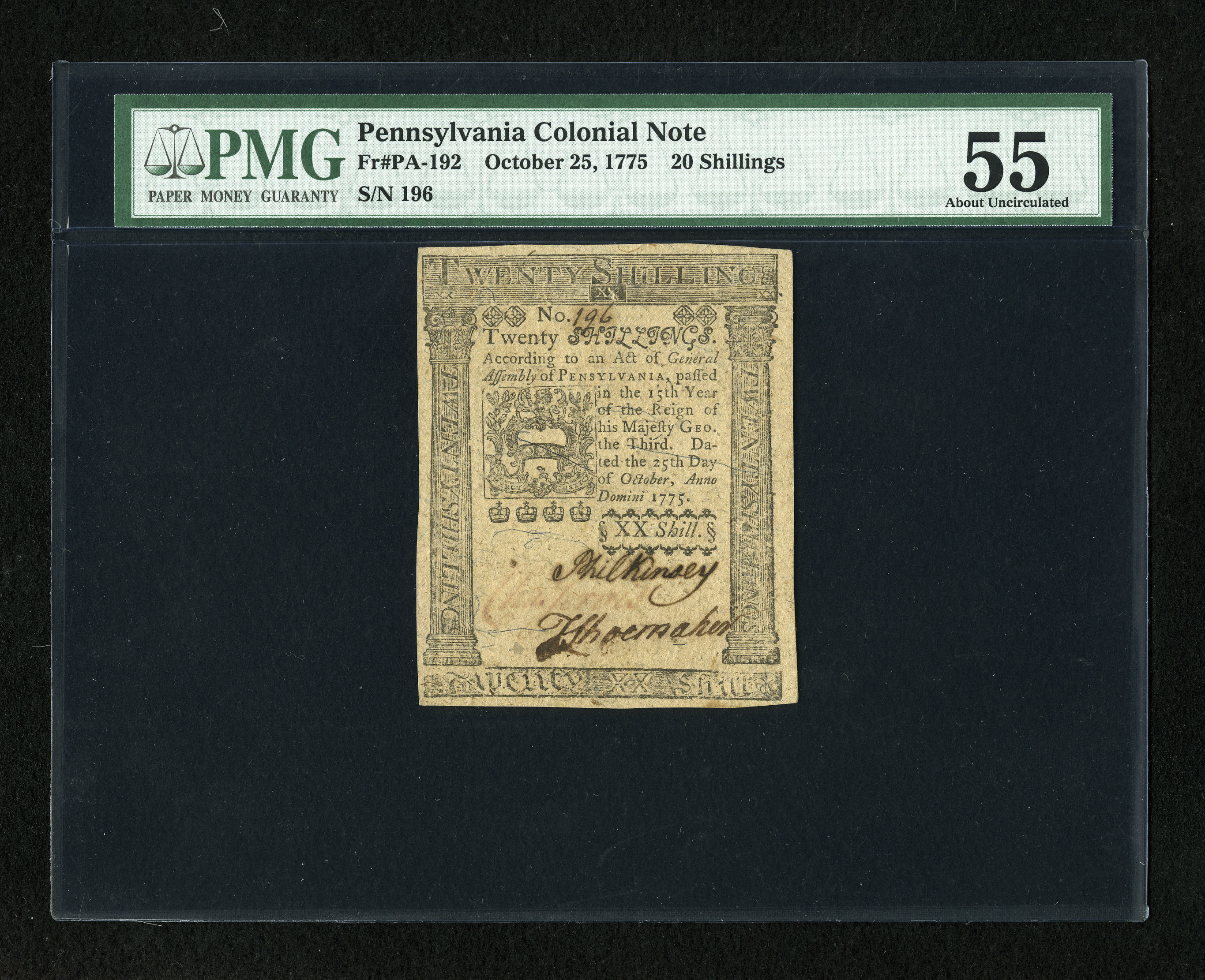 image for: Pennsylvania October 25, 1775 20s PMG About Uncirculated 55....