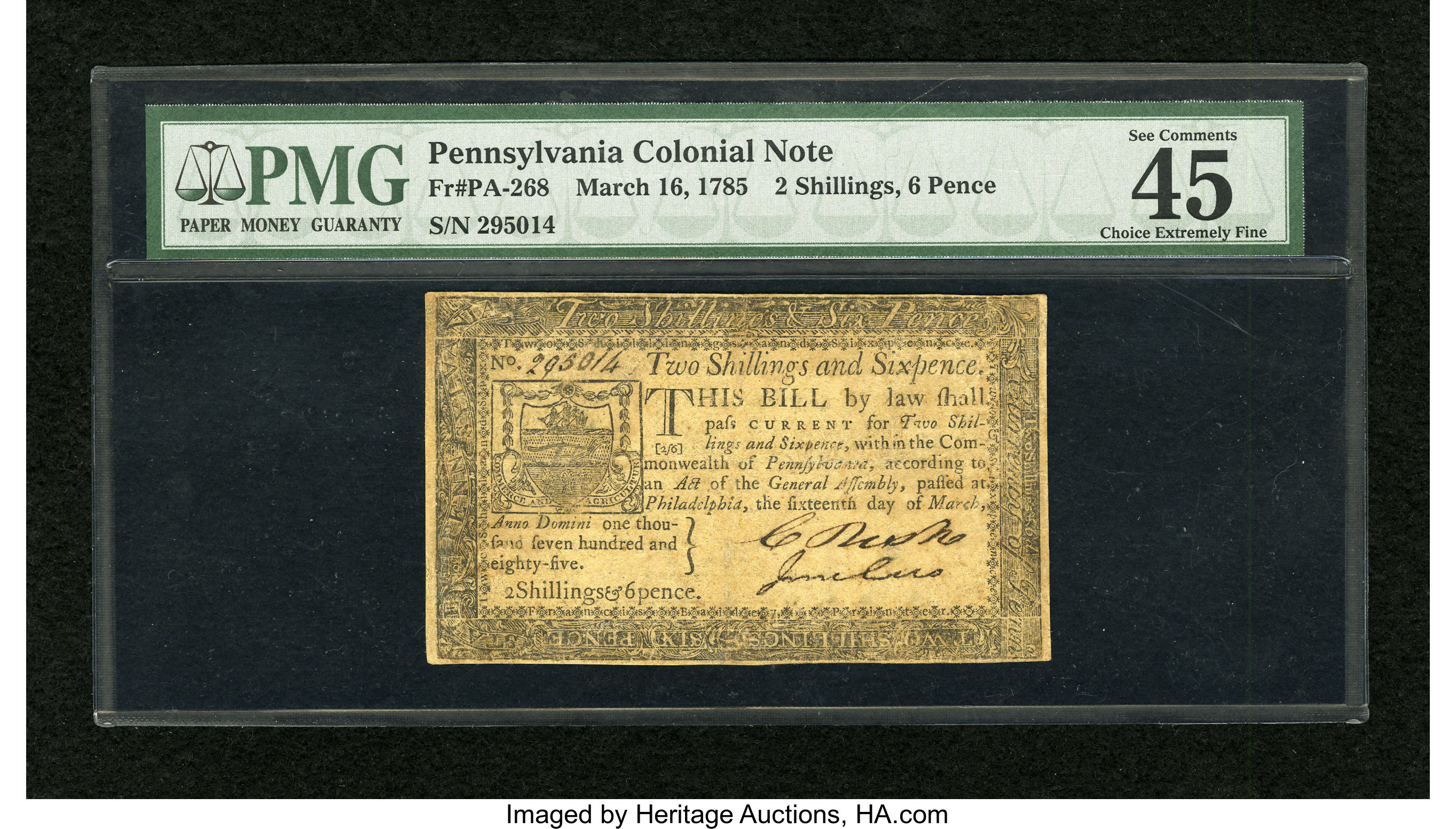 image for: Pennsylvania March 16, 1785 2s6d PMG Choice Extremely Fine 45 EPQ....