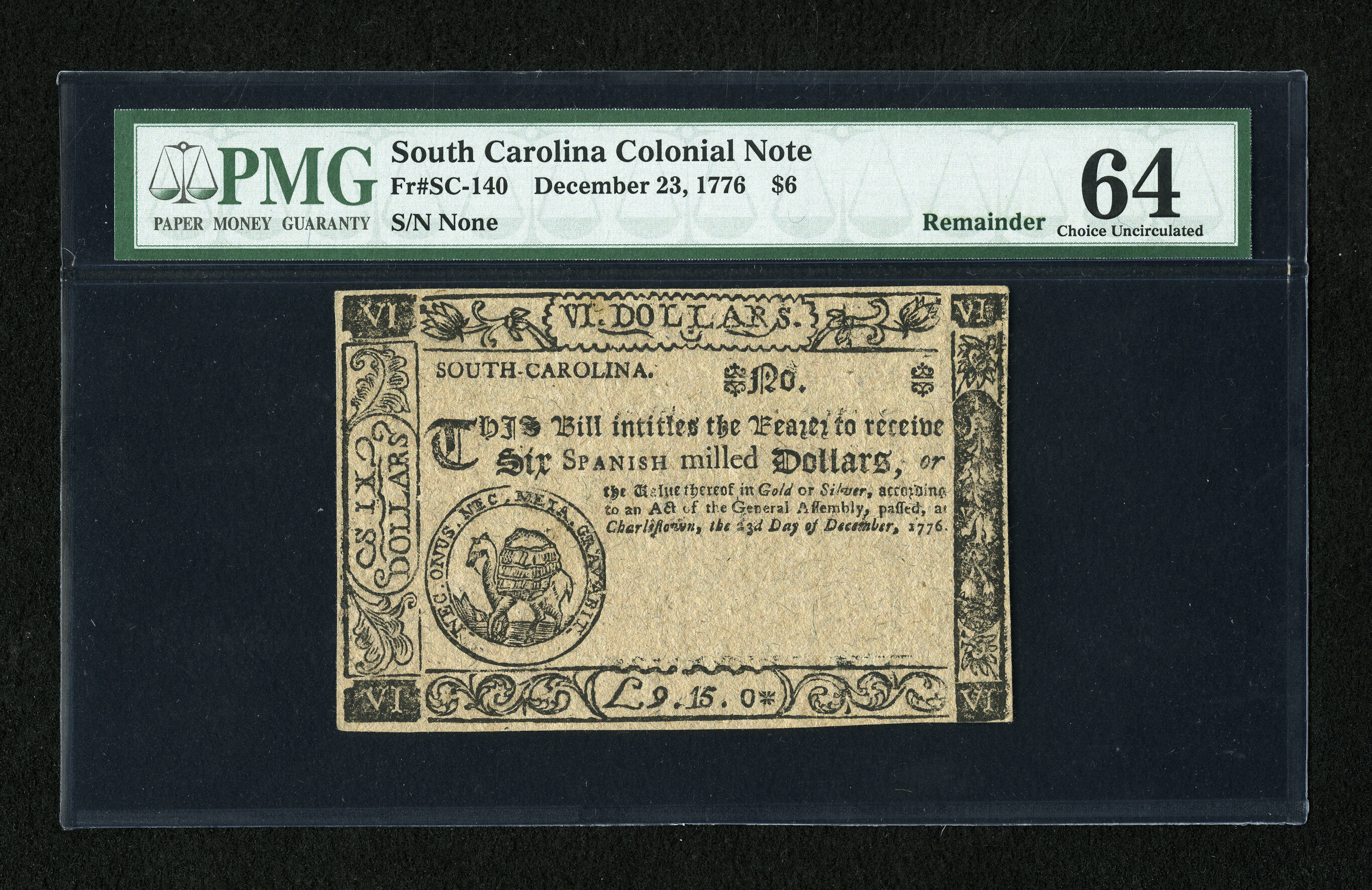 image for: South Carolina December 23, 1776 $6 PMG Choice Uncirculated 64....