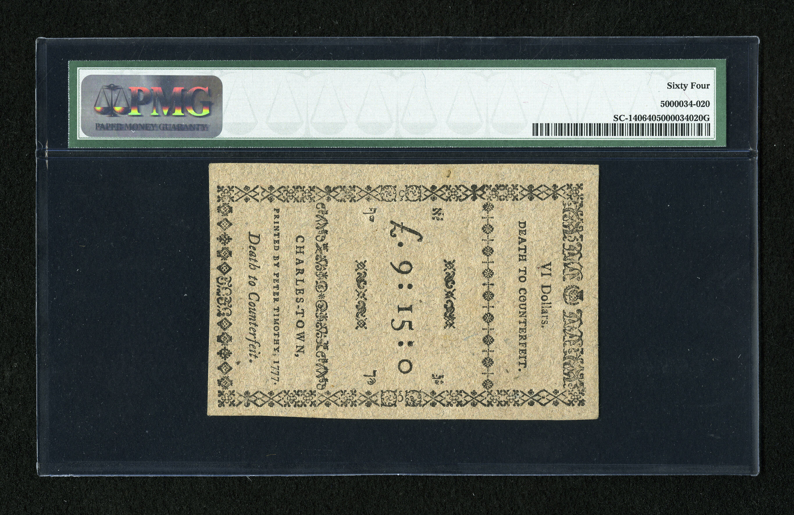 image for: South Carolina December 23, 1776 $6 PMG Choice Uncirculated 64....