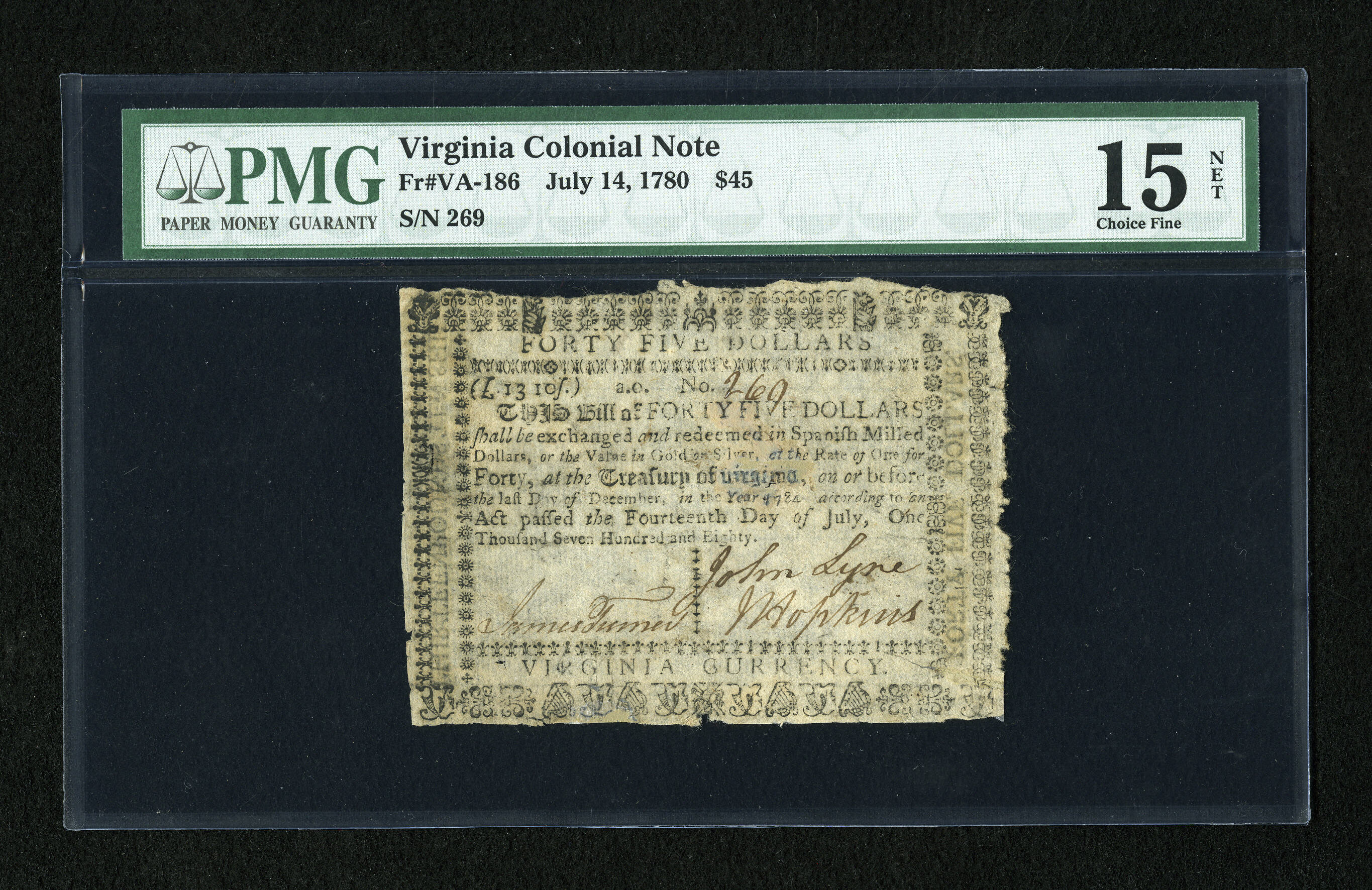 image for: Virginia July 14, 1780 $45 PMG Choice Fine 15 Net....