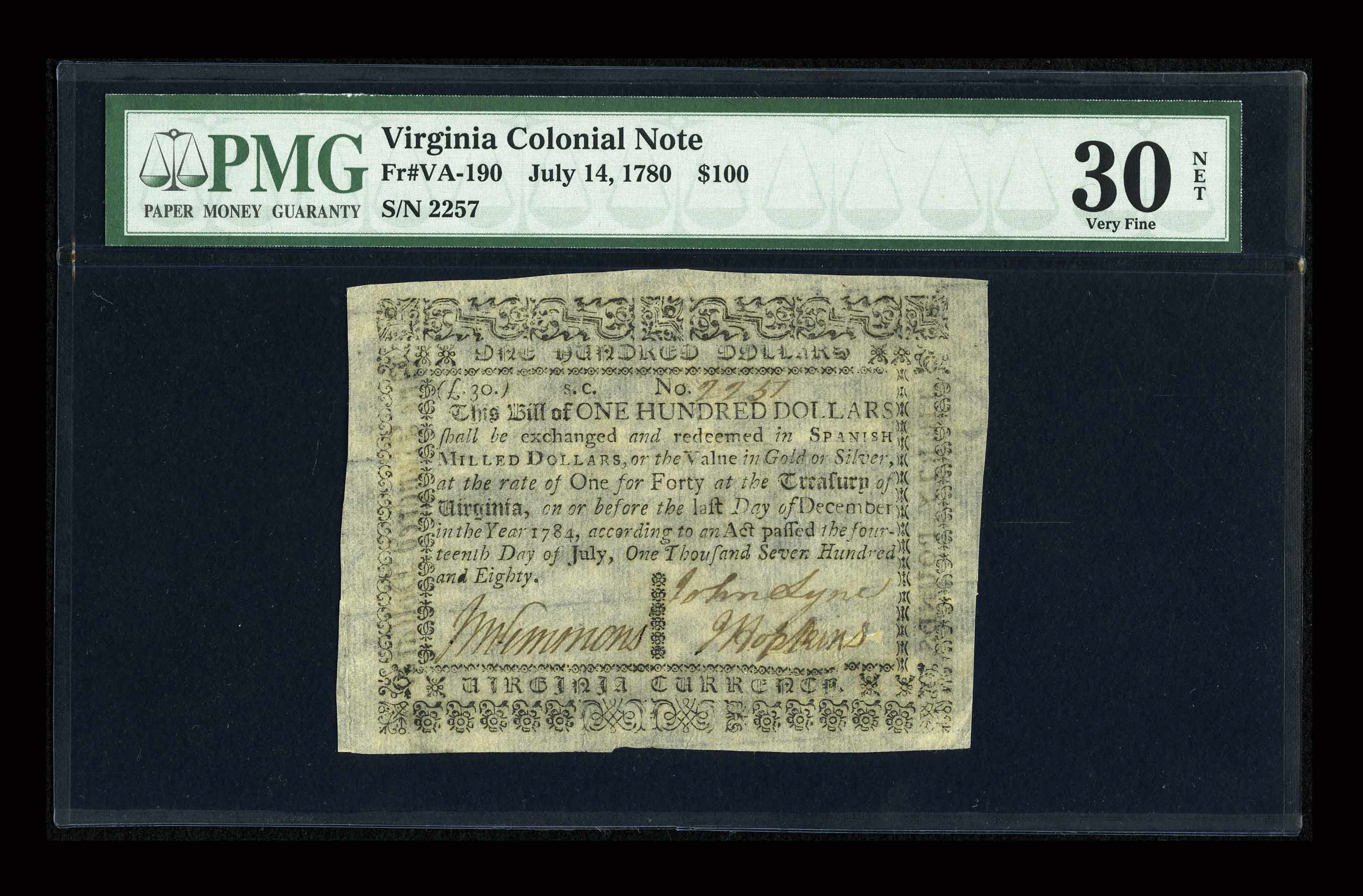 image for: Virginia July 14, 1780 $100 PMG Very Fine 30 Net....