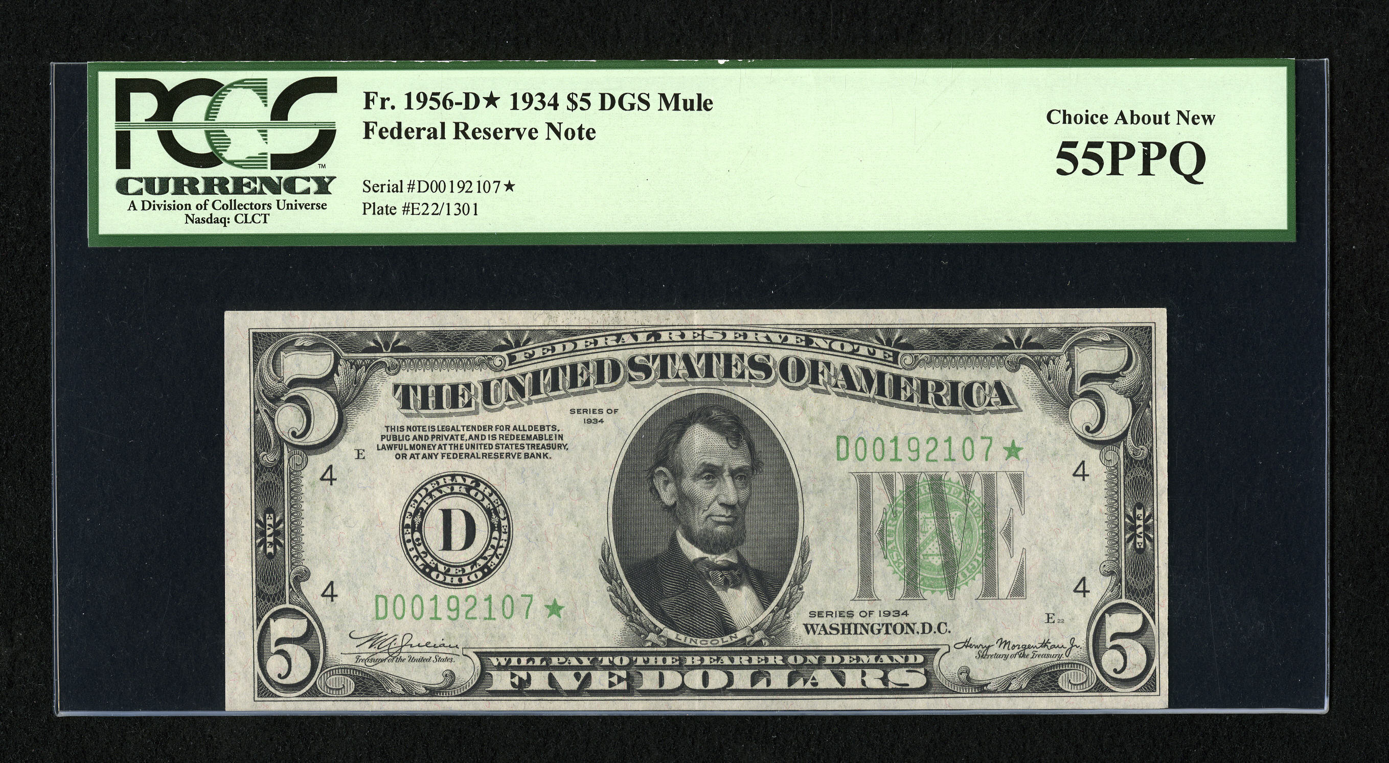 image for: Fr. 1956-D* $5 1934 Mule Dark Green Seal Federal Reserve Star Note. PCGS Choice About New 55PPQ....