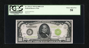 image for: Fr. 2211-C $1000 1934 Light Green Seal Federal Reserve Note. PCGS Choice About New 58....