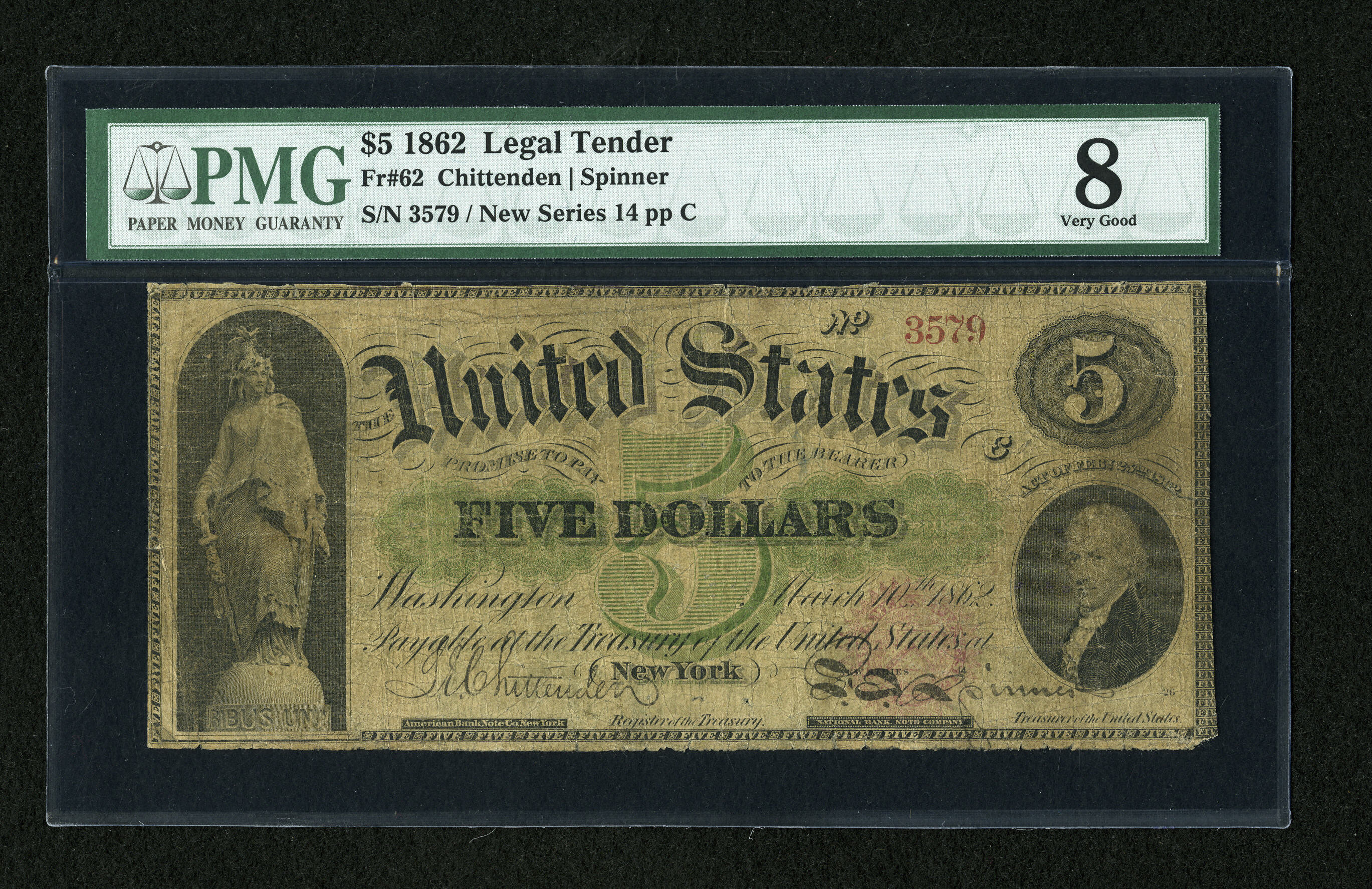 image for: Fr. 62 $5 1862 Legal Tender PMG Very Good 8....