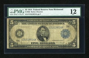 image for: Fr. 862 $5 1914 Federal Reserve Note PMG Fine 12....