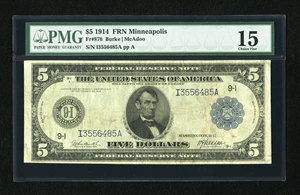 image for: Fr. 876 $5 1914 Federal Reserve Note PMG Choice Fine 15....