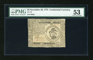 image for: Continental Currency November 29, 1775 $3 PMG About Uncirculated 53....